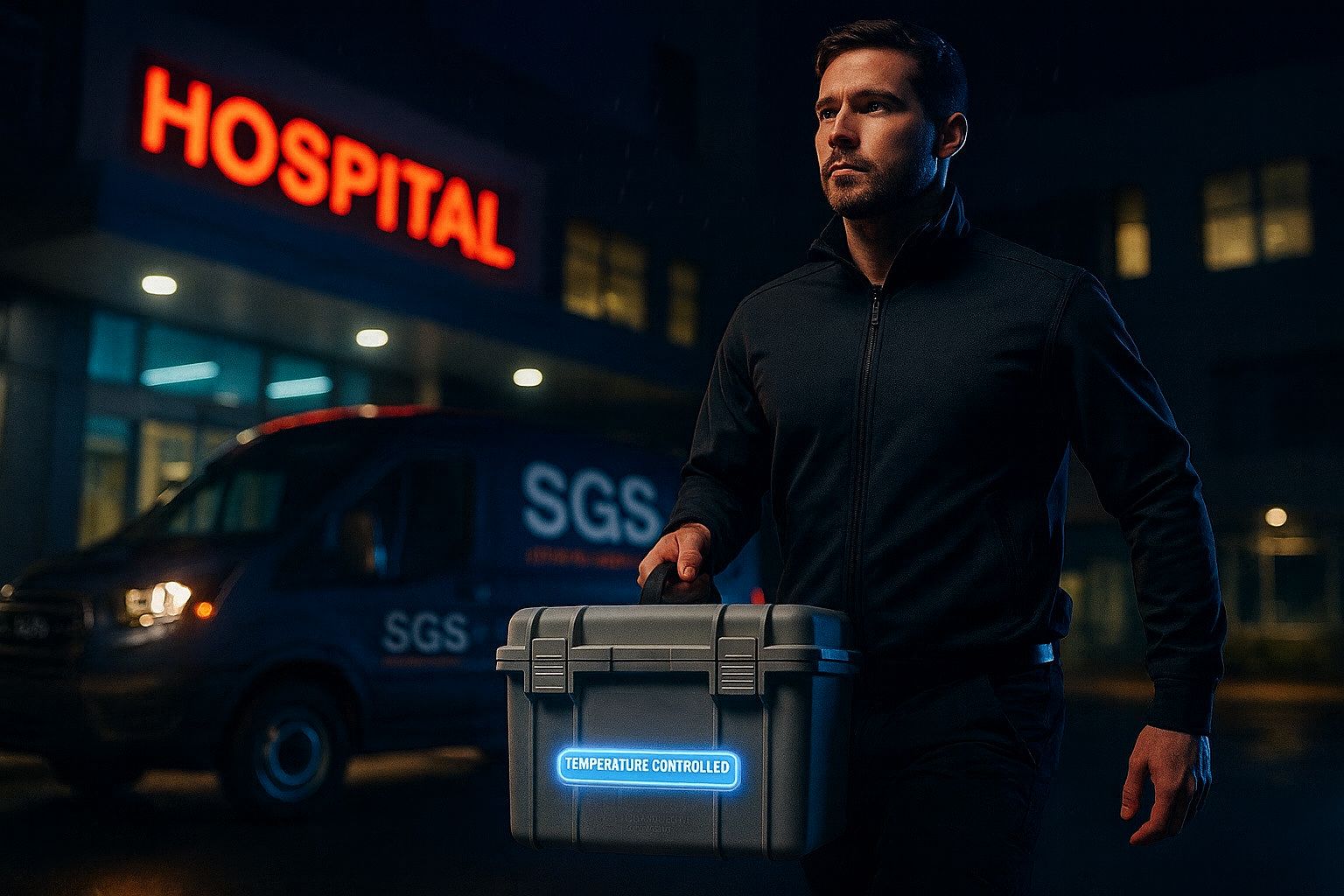 SGS Medical Courier delivering temperature-controlled medical supplies to hospital